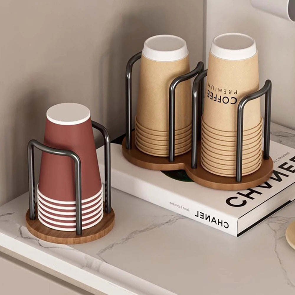 Nordic Wood & Metal Countertop Cup Organizer – Aesthetic Coffee Bar Dispenser