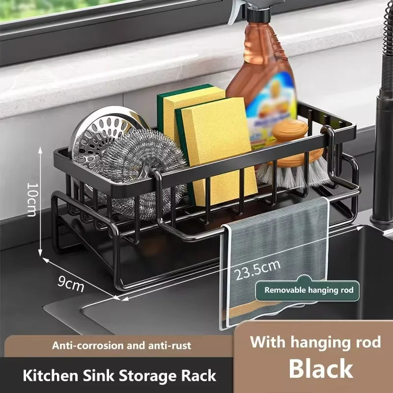 Kitchen sink storage rack with dimensions and features highlighted