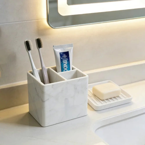 Bathroom Caddy & Toothbrush Organizer – BPA-Free Silicone, Marble Pattern, 3.7x3.7x3.8in, Black/White