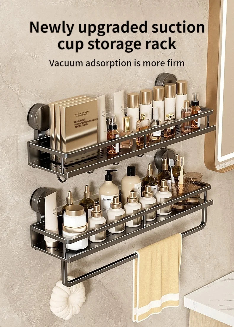 Shower Rod Storage Organizer Rack – No-Drill Aluminum Alloy Clamp-On Caddy with Hooks & Drain Slots