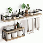 Rustic Floating Wall Shelves with Integrated Towel Bar