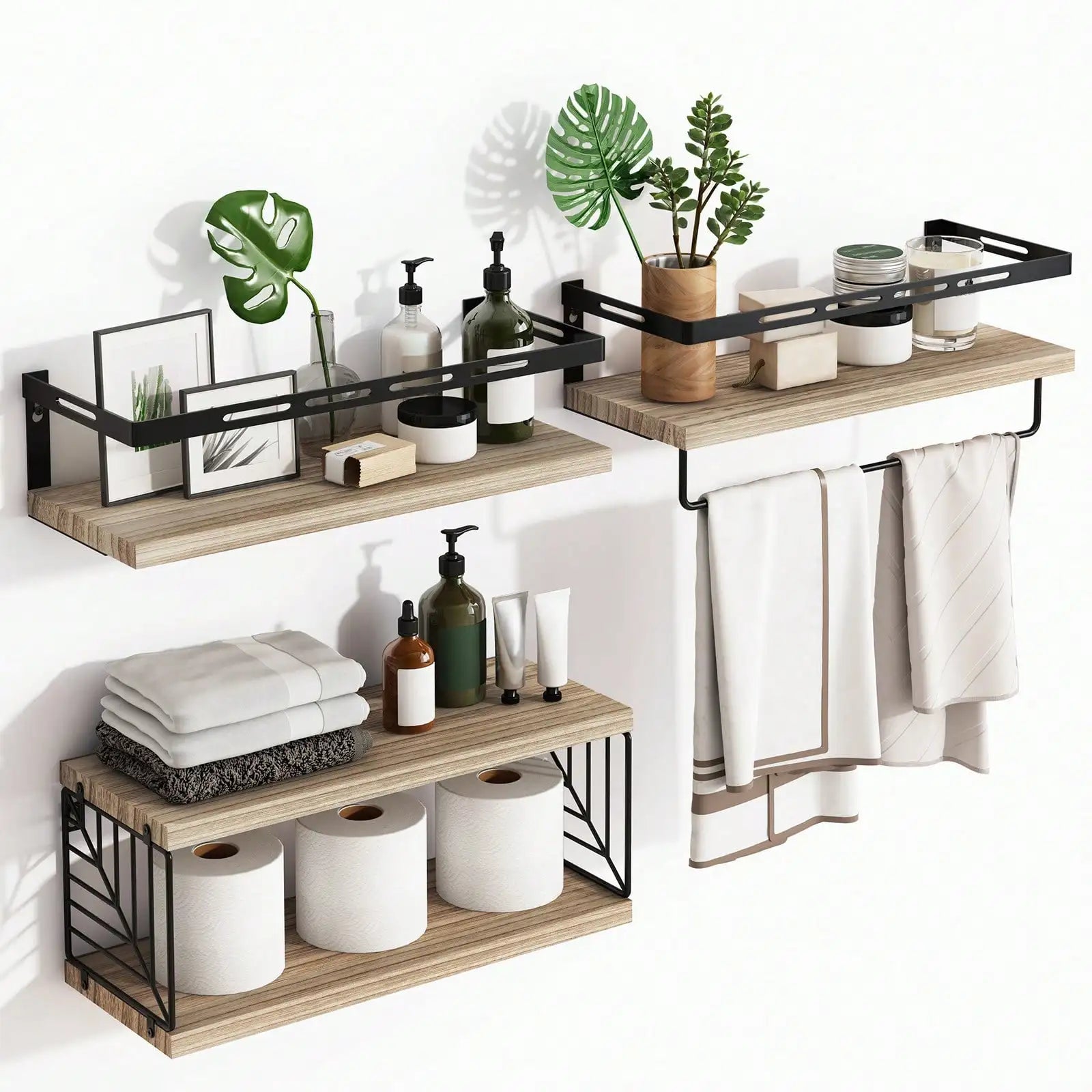 Rustic Floating Wall Shelves with Integrated Towel Bar