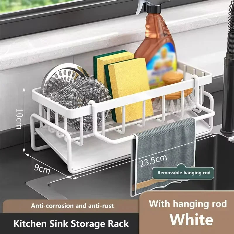 White kitchen sink storage rack with measuring dimensions and product features.