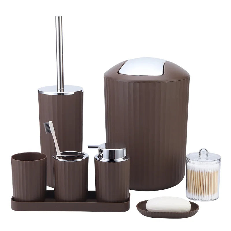 Brown bathroom accessory set with silver accents on a white background
