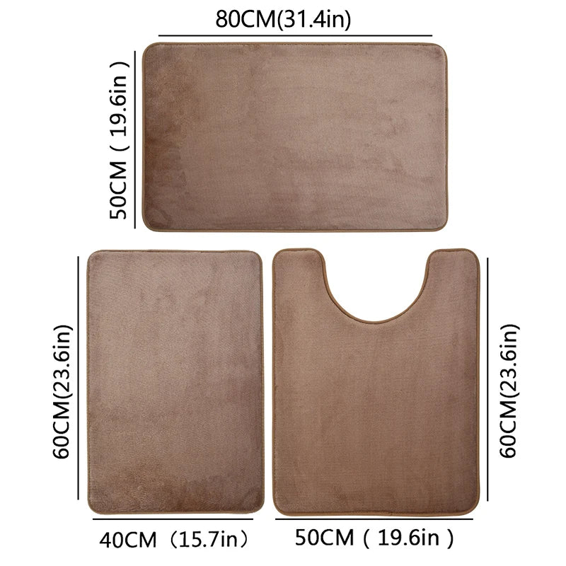 Bathroom Rug Set 3-Piece – Non-Slip Super Absorbent Bath Mat, Machine Washable, Khaki/Gray/Blue/Coffee