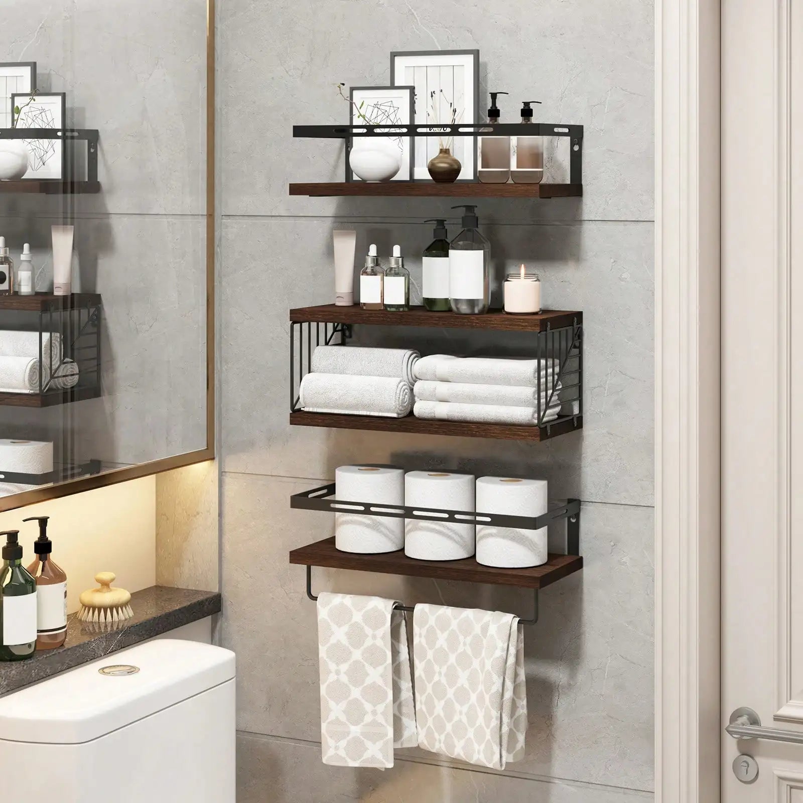 Rustic Floating Wall Shelves with Integrated Towel Bar