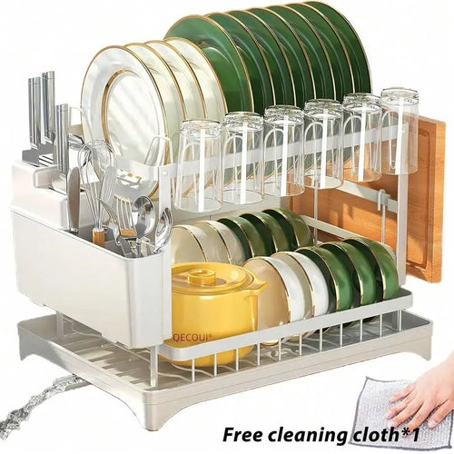 2-Tier Carbon Steel Dish Drying Rack with Auto-Drain Board & Cutlery Holder – 42x40x30cm