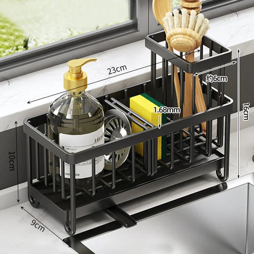 Black kitchen utensil rack with measuring dimensions on a kitchen counter.