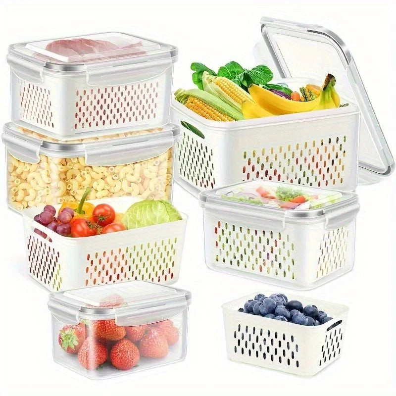 Airtight Fridge Organizer Bins with Removable Drain Basket