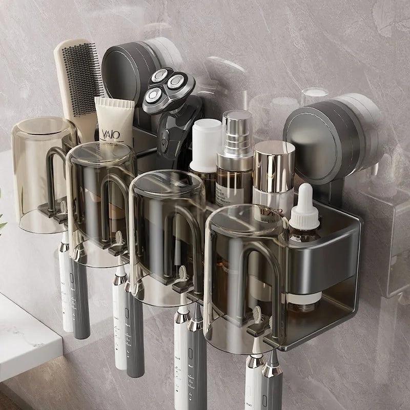 Modern Metallic Wall-Mounted Toothbrush Holder & Bathroom Organizer