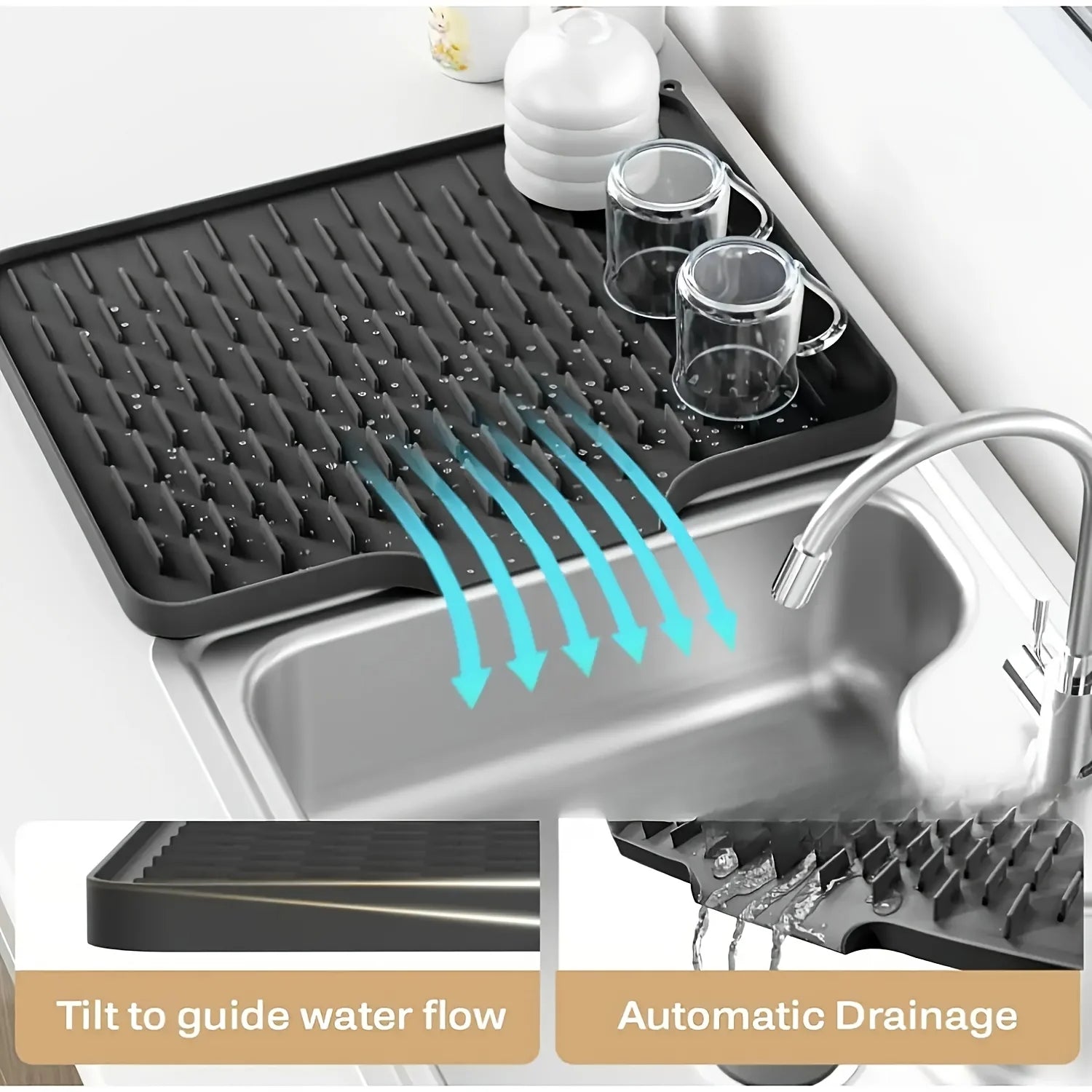 Self-Draining Silicone Dish Drying Mat for Kitchen Counter