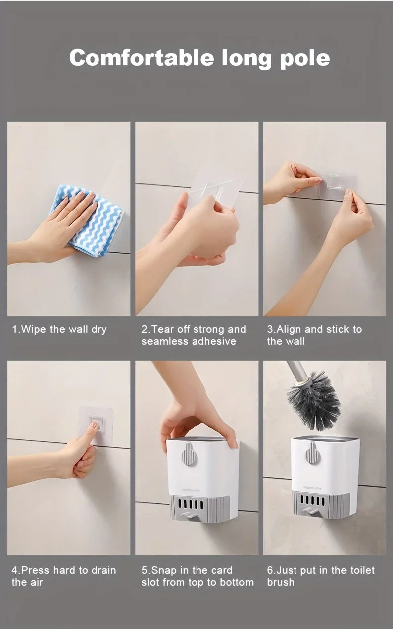 Silicone Toilet Brush and Holder, Wall Mounted Toilet Bowl Brush with Long Handle, Quick-Dry Bathroom Cleaning Set
