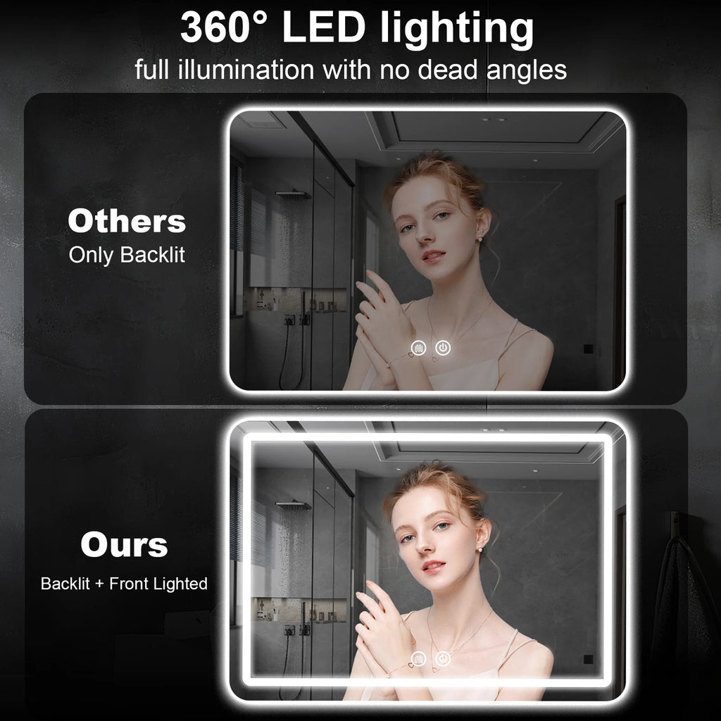 LED Bathroom Vanity Mirror with Lights, Anti-Fog, 3 Color Dimmable Lighting, Wall Mounted Rectangle Bathroom Mirror