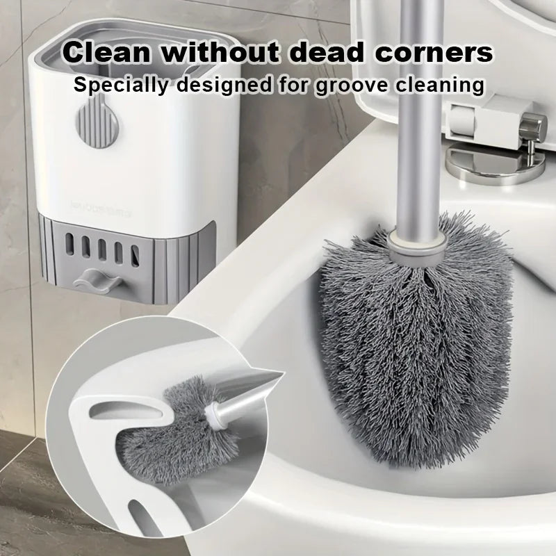 Silicone Toilet Brush and Holder, Wall Mounted Toilet Bowl Brush with Long Handle, Quick-Dry Bathroom Cleaning Set
