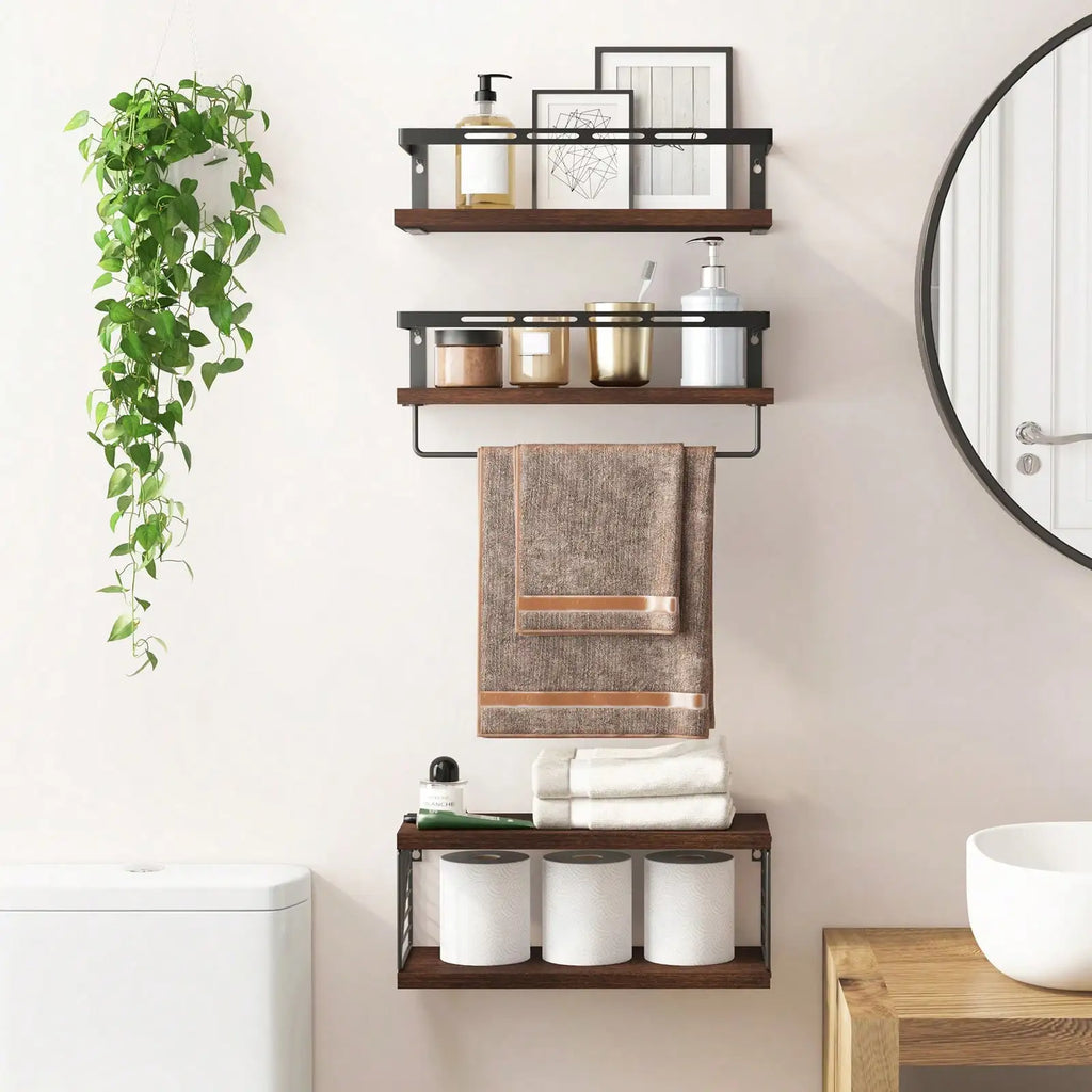 Rustic Floating Wall Shelves with Integrated Towel Bar