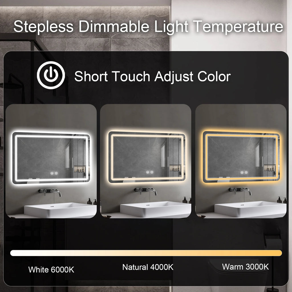 LED Bathroom Vanity Mirror with Lights, Anti-Fog, 3 Color Dimmable Lighting, Wall Mounted Rectangle Bathroom Mirror