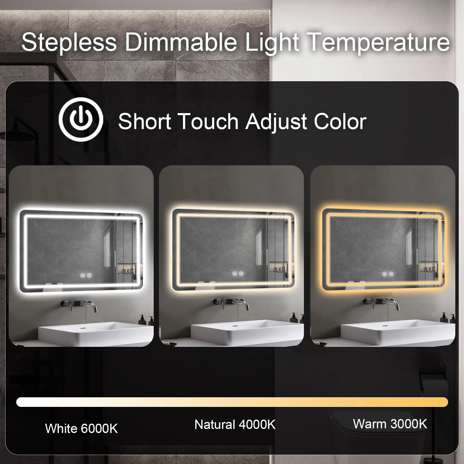 LED Bathroom Vanity Mirror with Lights, Anti-Fog, 3 Color Dimmable Lighting, Wall Mounted Rectangle Bathroom Mirror