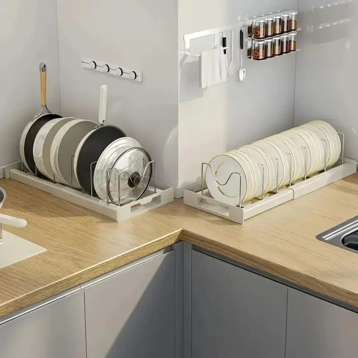 Expandable Pot and Pan Organizer Rack with 7 Adjustable Dividers