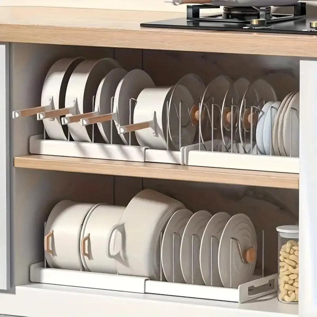 Expandable Pot and Pan Organizer Rack with 7 Adjustable Dividers