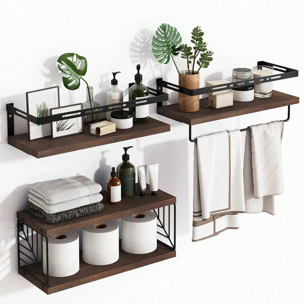 Rustic Floating Wall Shelves with Integrated Towel Bar
