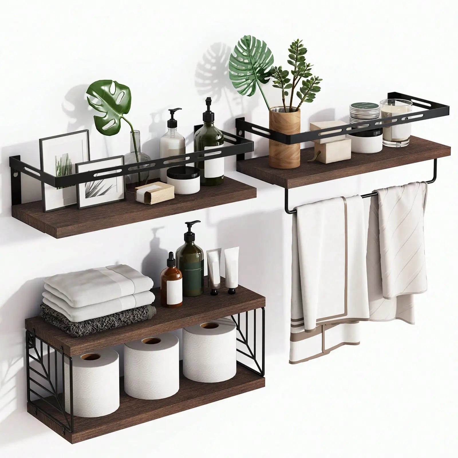 Rustic Floating Wall Shelves with Integrated Towel Bar
