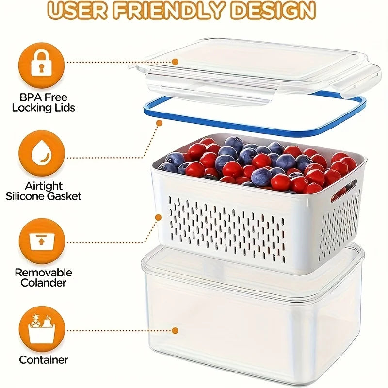 Airtight Fridge Organizer Bins with Removable Drain Basket
