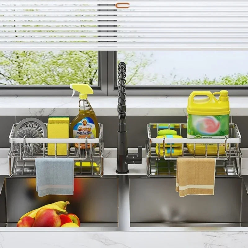 Kitchen sink area with dish rack, cleaning supplies, and window view