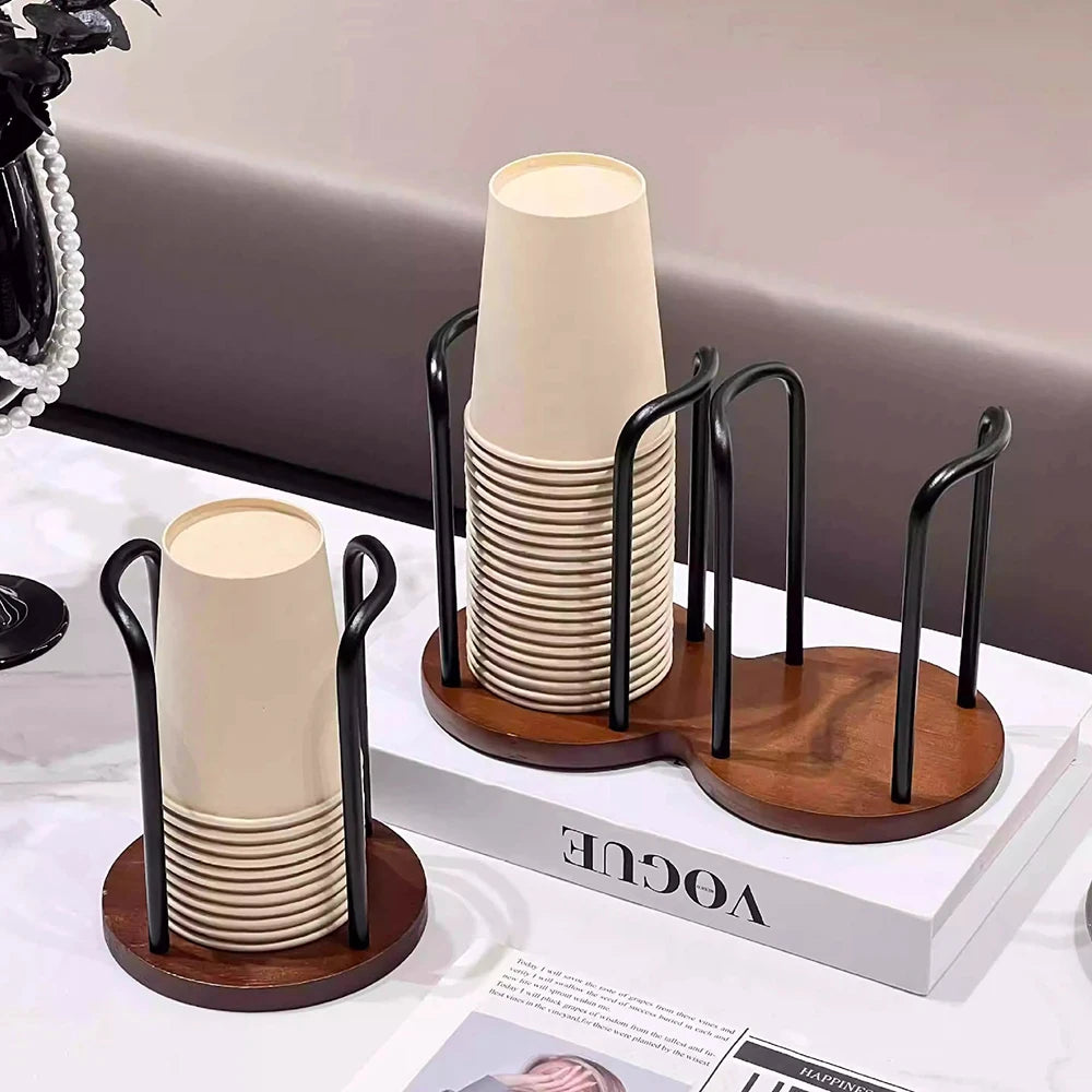 Nordic Wood & Metal Countertop Cup Organizer – Aesthetic Coffee Bar Dispenser