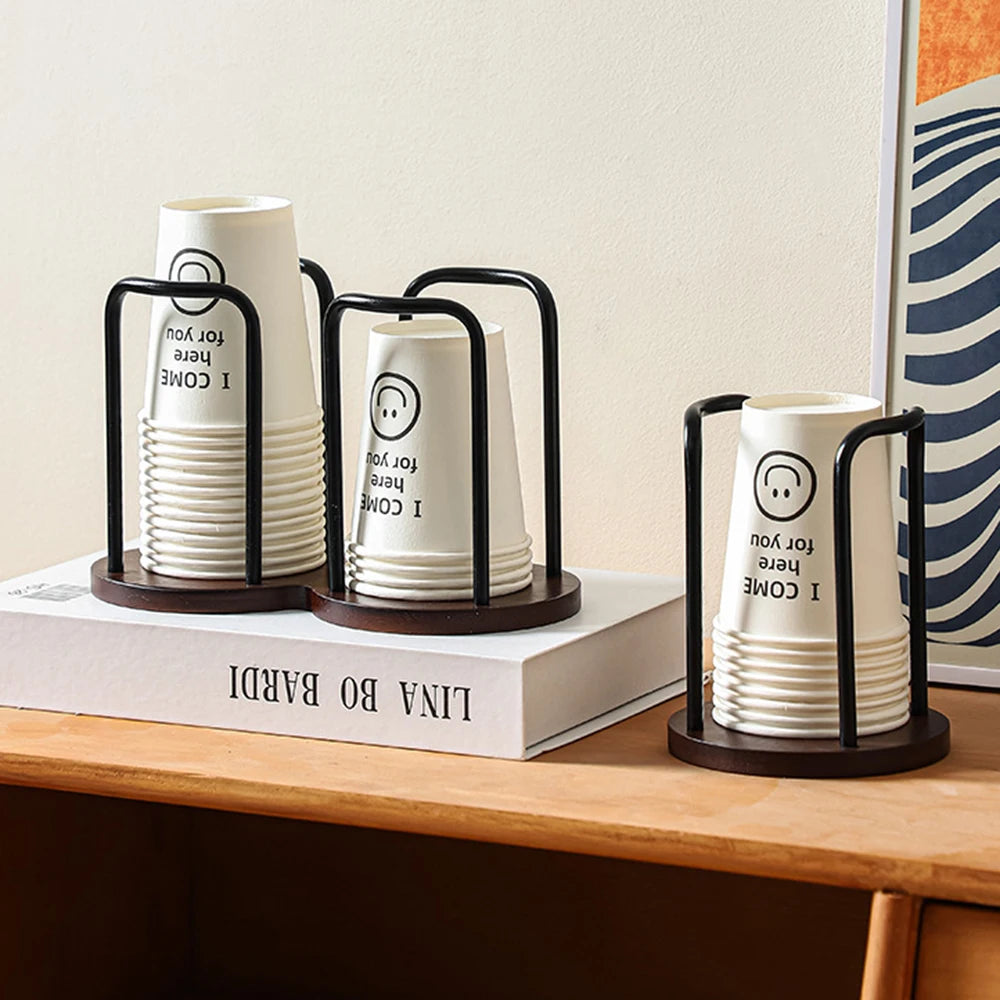 Nordic Wood & Metal Countertop Cup Organizer – Aesthetic Coffee Bar Dispenser