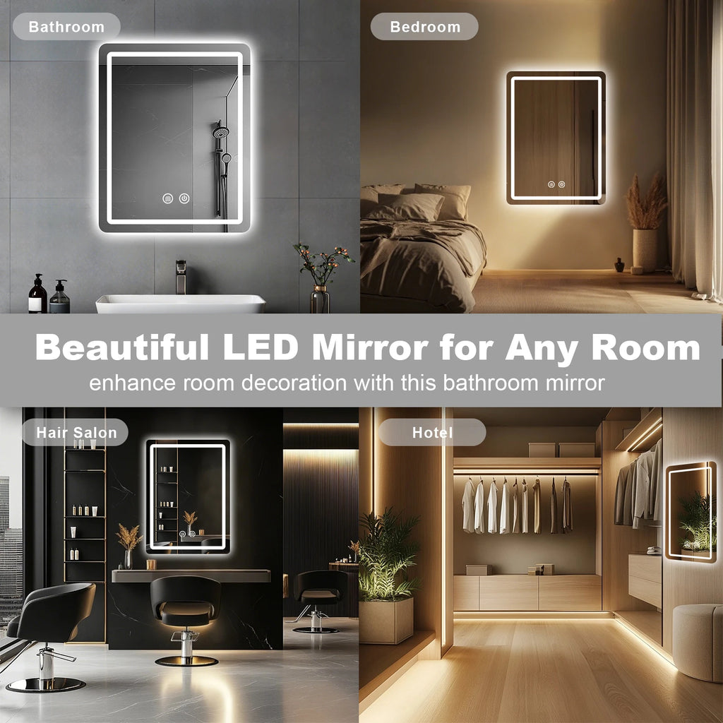 LED Bathroom Vanity Mirror with Lights, Anti-Fog, 3 Color Dimmable Lighting, Wall Mounted Rectangle Bathroom Mirror