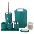 Teal bathroom accessory set with silver accents on a white background
