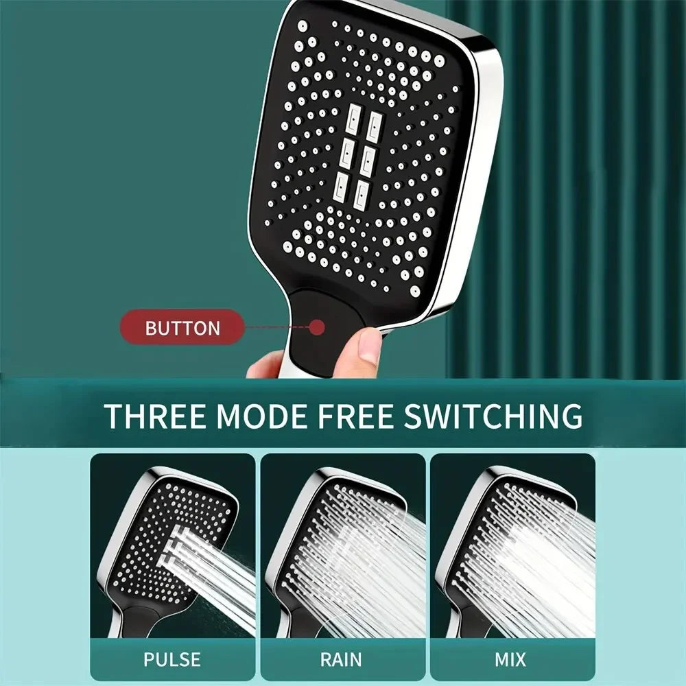 High Pressure Rainfall Shower Head, 3 Spray Modes, Water Saving, Large Panel Handheld Shower Head