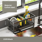 Kitchen sink caddy with cleaning supplies on a kitchen counter, showing dimensions.