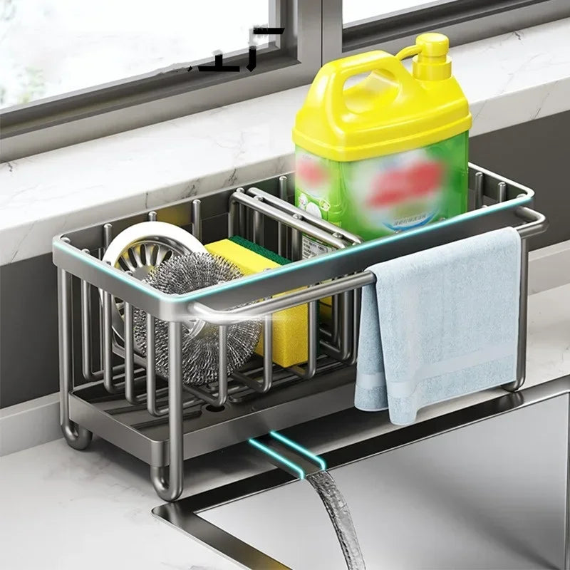 Kitchen dish rack with cleaning supplies on a kitchen counter