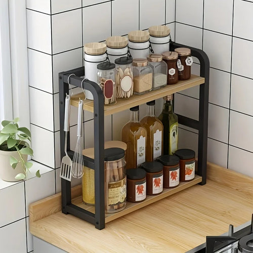 2-Tier Countertop Organizer – Powder-Coated Iron, Coffee Bar & Kitchen Shelf, 18.1x6.7in, Black/Walnut/Teak