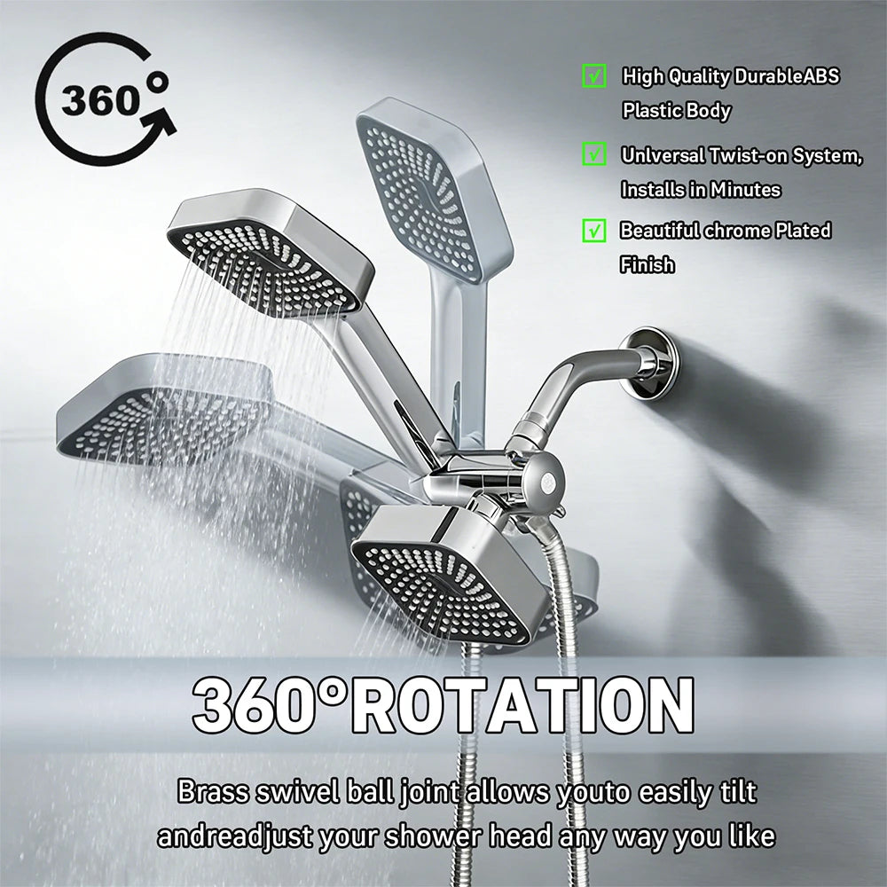 Dual Shower Head Combo with Handheld Spray, High Pressure Rainfall Shower Head, 3-Way Diverter & Stainless Steel Hose