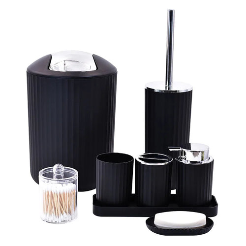Black bathroom accessory set with various items on a white background