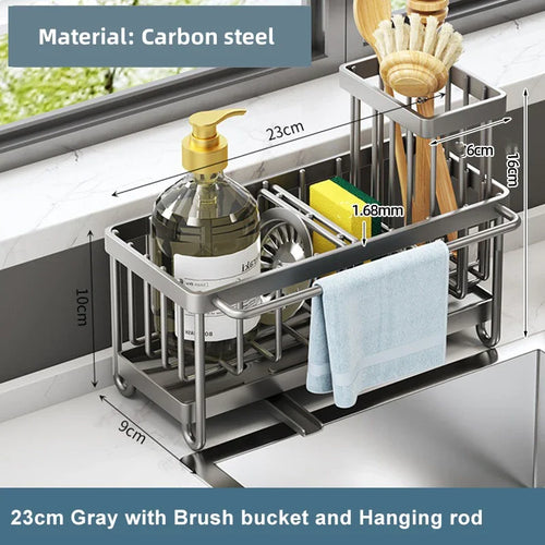 Kitchen sink organizer with measurements and materials details on a kitchen counter.