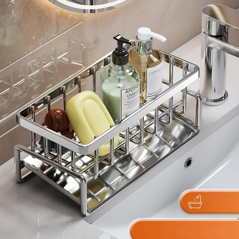 Bathroom sink caddy with toiletries on a bathroom counter