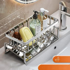 Bathroom sink caddy with toiletries on a bathroom counter