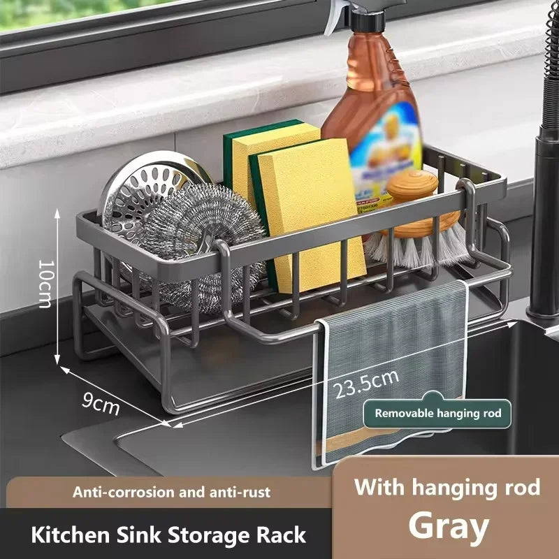 Gray kitchen sink storage rack with dimensions and features highlighted